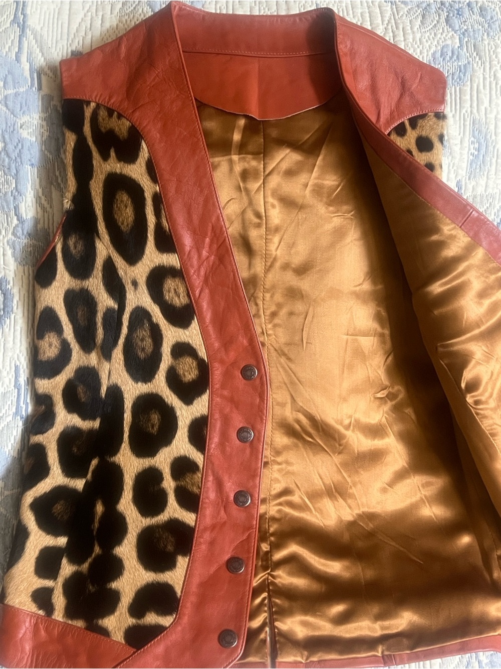Leather-Trim Leopard Print Fur Vest - Brown/Black/Burnt Orange - Picture 5 of 9
